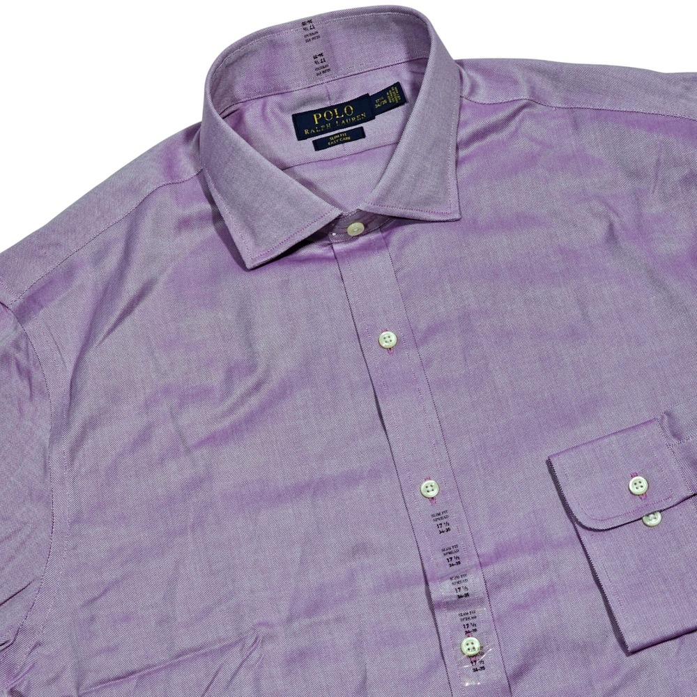 Polo Ralph Lauren Dress Shirt Mens 17.5 34/35 Purple Slim Fit Easy Care Preppy